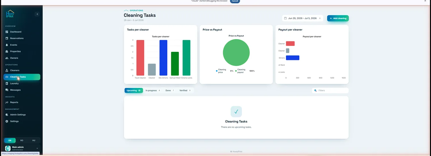 HostsPilot cleaning operations — tasks per cleaner, payouts and status tracking