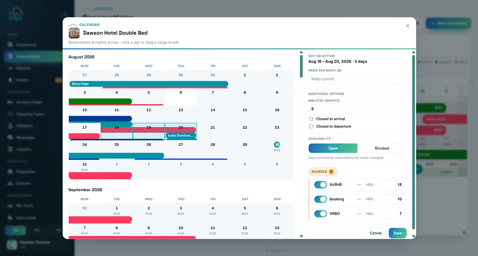 Per-channel price and availability control for Airbnb, Booking.com and Vrbo