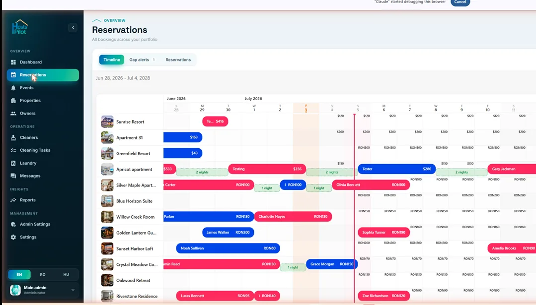 HostsPilot — multi-property calendar with bookings, check-ins and gap nights